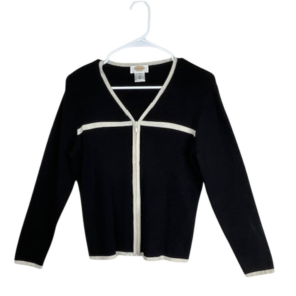 Talbots Vintage women's petite black cardigan w/white trim.